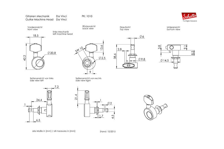 Tuning keys - Schaller® DaVinci tuning keys - 6-in-line - with hardware - 14:1 - left-handed