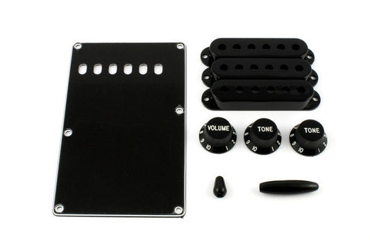 Accessory kit for Strat - 1 spring cover, 3 p/up covers, 1 vol & 2 tone knobs, 1 switch tip, 1 trem arm tip