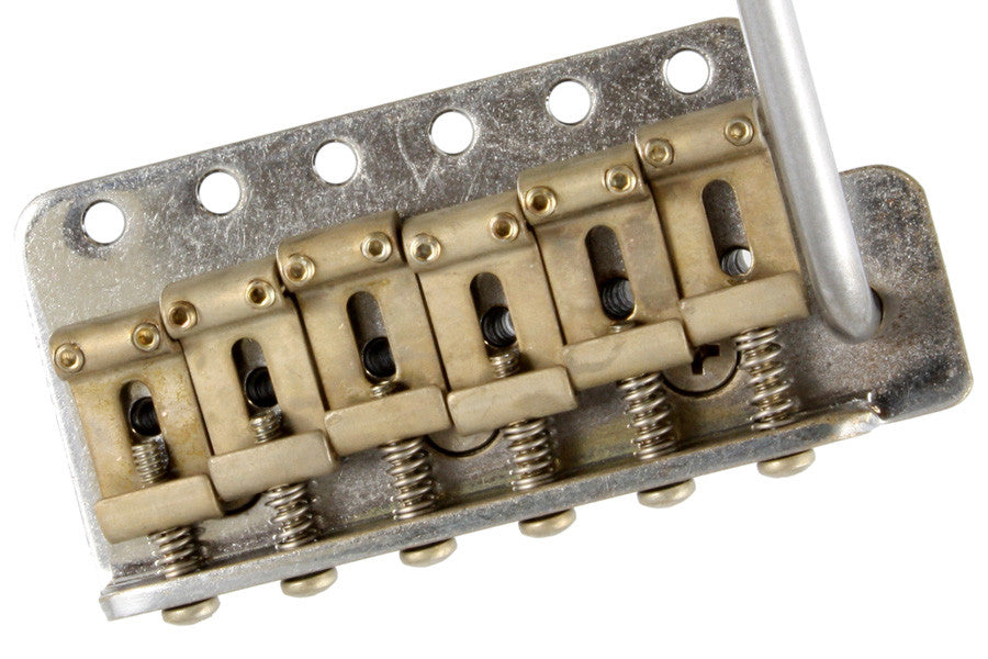 Guitar bridge - Gotoh VT100 vintage style tremolo w short drilled steel block - aged chrome