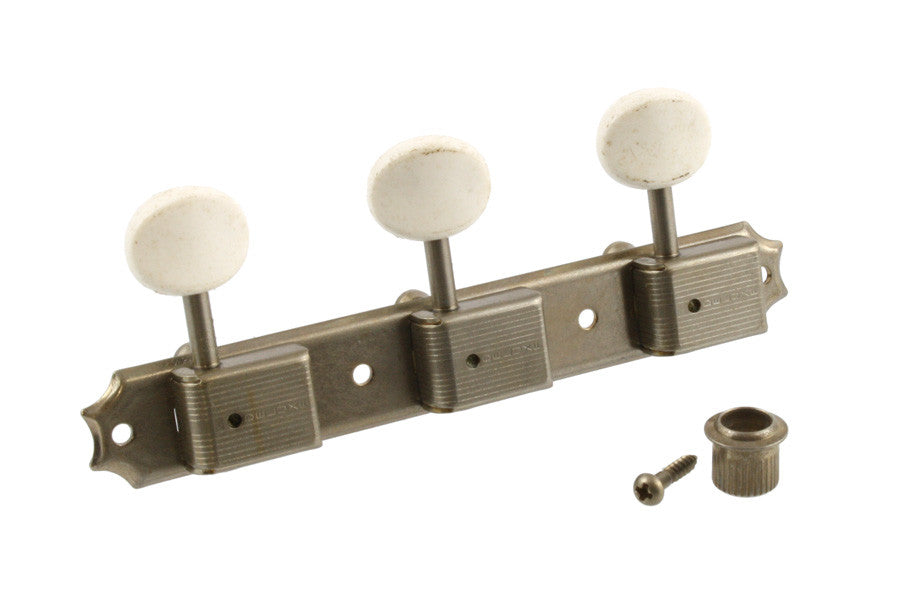 Tuning keys - vintage Deluxe style tuning keys 3x3 on a strip w off-white plastic buttons - aged nickel
